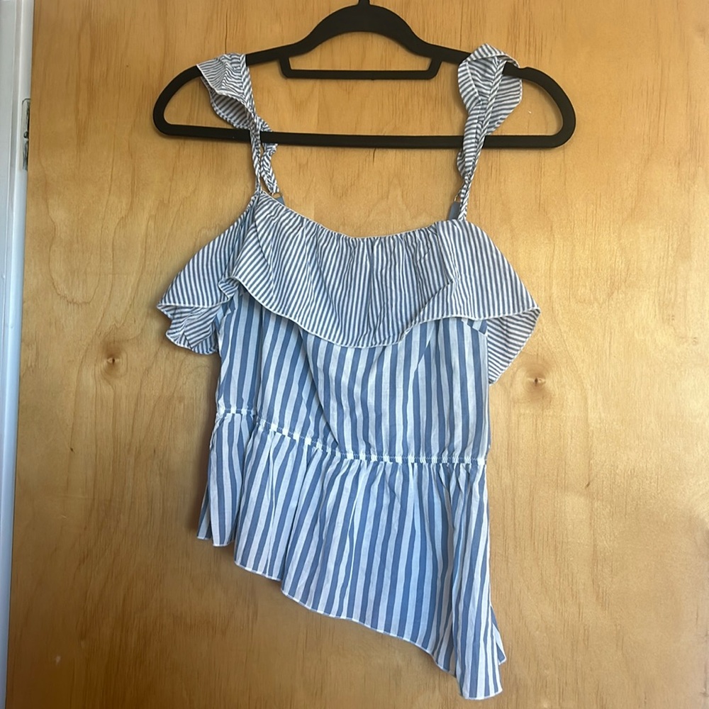 Victorias Secret. Size M. Blue and white striped crop ruffle tank.